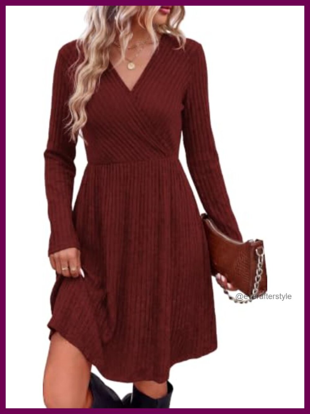 Womens Long Sleeve Wrap Sweater Dress with Pockets Knee Length A-Line